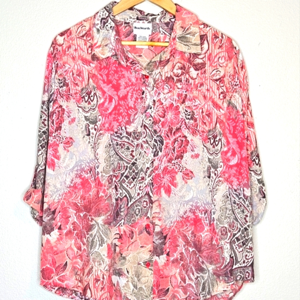 Bon Worth Floral Polyester Pink & Gray Button-Up Blouse Size XLP
